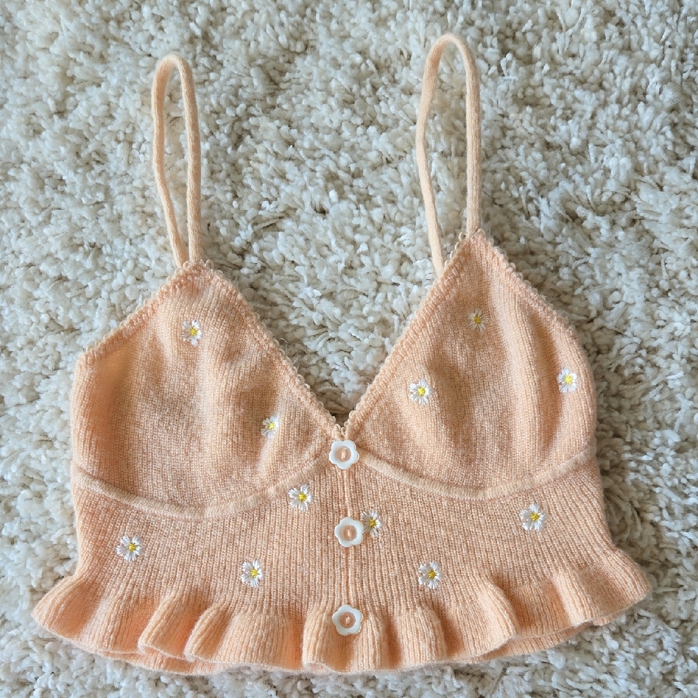 For Love And Lemons Peach Floral Knit Crop Top